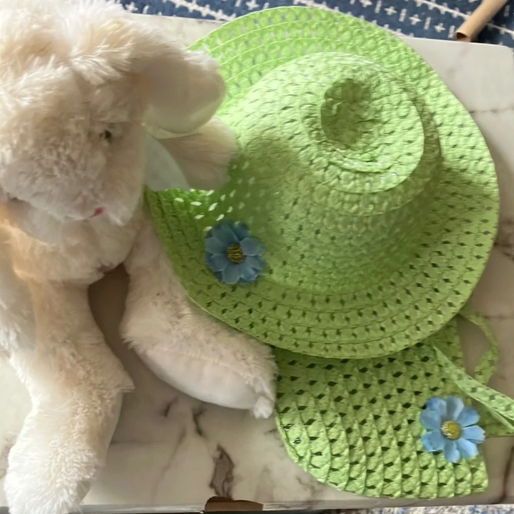 Green Kids Hat with Blue Flower, matching purse‎ and plush white Bunny